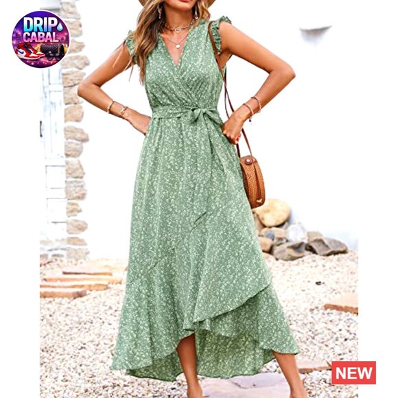 Polyester & Elastane Maxi Dress with V-Neck, Ruffle Sleeves, and Wrap Belt - Picture 5 of 7